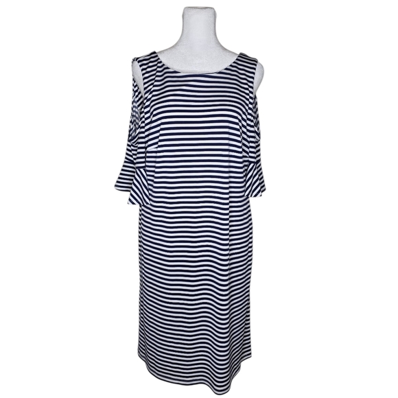 Donna Morgan Blue And White Dress Cold Shoulder Midi Length Size 8 - Picture 1 of 7